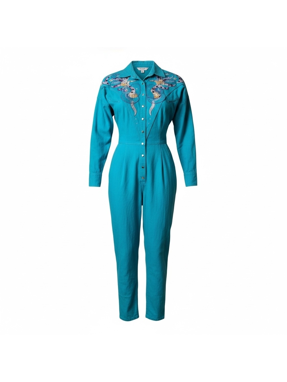 Vintage Teal Embellished Denim Jumpsuit